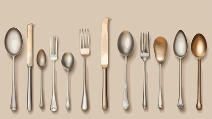 Many different cutlery on beige background with space