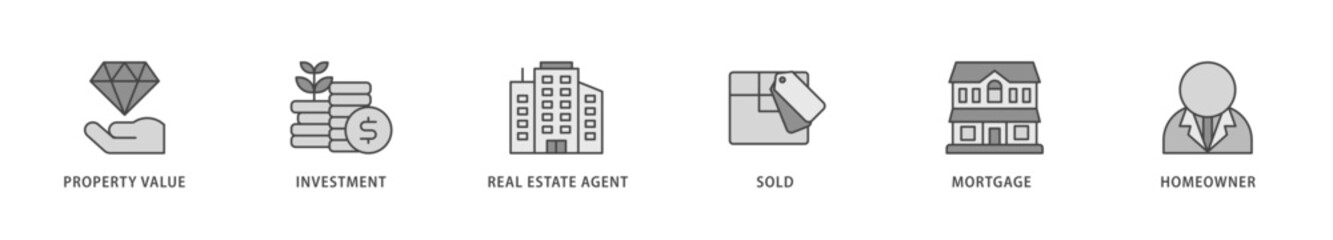 Real estate icons set collection illustration of sold, home owner, mortgage, real estate, agent, investment, property value icon live stroke and easy to edit 