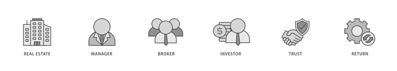 REIT icons set collection illustration of real estate, manager, broker, investor, trust and return icon live stroke and easy to edit 