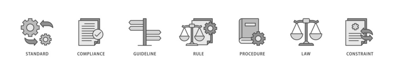 Regulation icons set collection illustration of standard, compliance, guideline, rule, procedure, law and constraint icon live stroke and easy to edit 