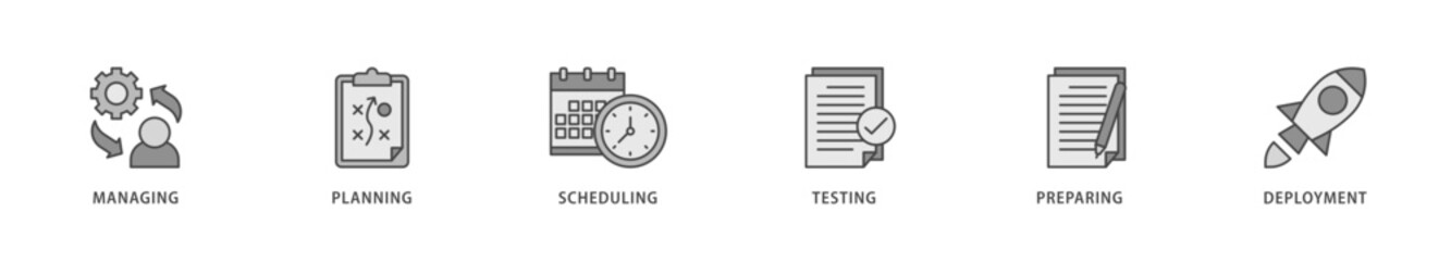 Release management icons set collection illustration of managing, planning, scheduling, building, testing, preparing and deployment icon live stroke and easy to edit 