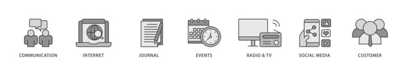 Public relations icons set collection illustration of communication, internet, journal, events, radio, tv, social media, and customer icon live stroke and easy to edit 