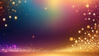 Glittering gradient background with hologram effect and magic lights. Holographic abstract fantasy backdrop with fairy sparkles, gold stars, and festive blurs