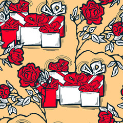 Gift box, ribbon and flowers seamless vector pattern for wrapping present with bow, party celebration, sale promotion, Textile print, fabric design, banner background. Hand drawn style illustration.