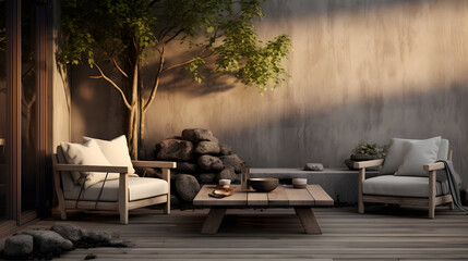 Half-opened lounge area with all natural materials made furniture, rattan chairs with greenery...