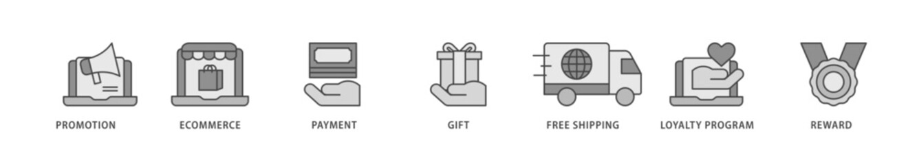 Shopping icons set collection illustration of promotion, ecommerce, payment, gift, price, free shipping, loyalty, reward icon live stroke and easy to edit 