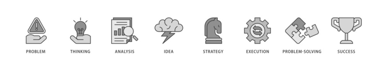 Solution icons set collection illustration of problem, thinking, analysis, idea, strategy, execution, problem solving, success icon live stroke and easy to edit 