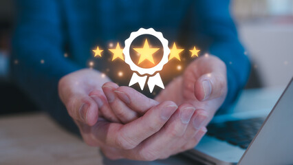 customer service satisfaction survey concept, Businessman hand holding virtual five stars and quality certificate mark