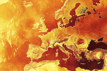 Satellite map illustrates the summer heat on the European continent World map with weather forecast illustration showing different climatic conditions - obrazy, fototapety, plakaty