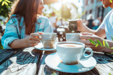 Couple is having breakfast in summer cafe. Two cups of coffee on table on terrace