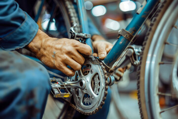 Cyclist mechanic repairs bicycle in workshop. Bike maintenance and repair service