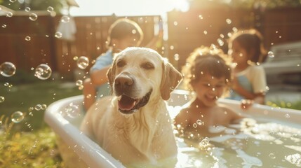 Dog and kids playing in bath tub with bubbles in outdoor backyard