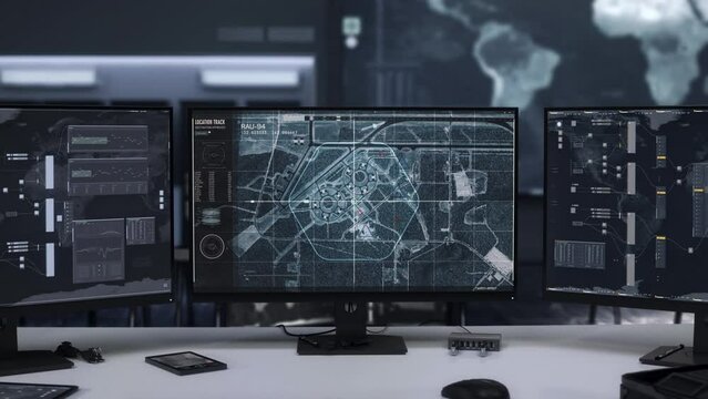 Spying technology examining the selected region for military operation. Spy tech looking for a warfare operation zone. Spy technology locating the rival army forces operation headquarters.