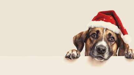 Cute dog with red christmas cap peeping with plain background.