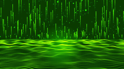 Digital green technology dot wave and particle flying on abstract background, digital technology and innovation concept
