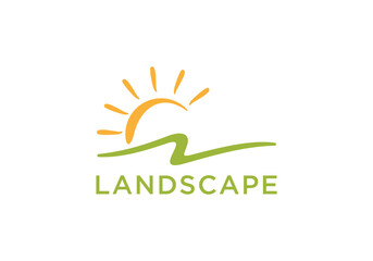landscape with sun logo, creative agriculture design symbol template