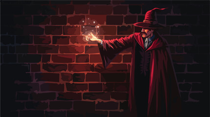 Magician showing tricks against dark brick wall Vector