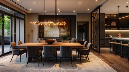 An elegant dining room with a long wooden table, modern chairs, and a statement chandelier.