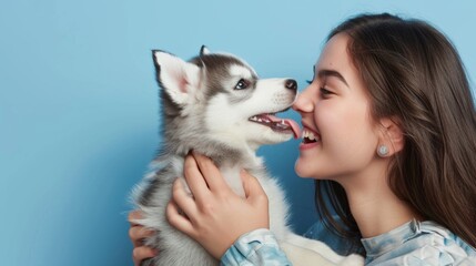 Portrait of a female holding a Husky dog over plain background