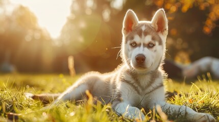 Portrait of a baby Husky dog in outdoor park lawn