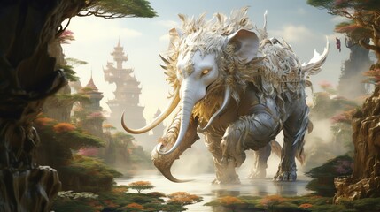Artistic 3D animation of a Singha gracefully moving through a mythical landscape blending elements of Thai art with modern fantasy suitable for animated films or cultural presentations
