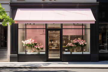 Chic flower shop with pink awning, elegant urban floral storefront