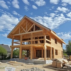 Obraz premium Wooden frame construction truss, post, and beams in progress for new house manufacture