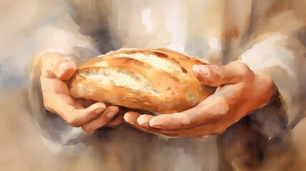display of spiritual devotion, the Christian person holds out their hand to receive the holy bread, embodying their faith and commitment to their religious beliefs in God.