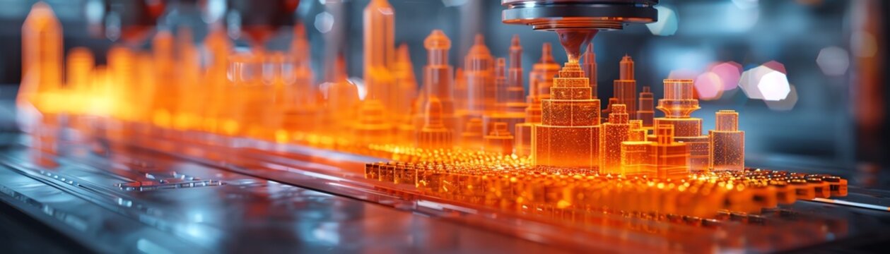 3D rendering of a futuristic cityscape made of glass and lit by orange light