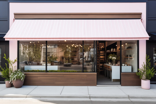 Contemporary coffee shop with sleek pink awning and plants, modern wooden accents on a city street