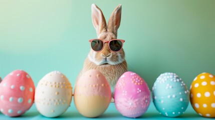 Rabbit bunny with sunglasses Easter Eggs and plain background. 3D.