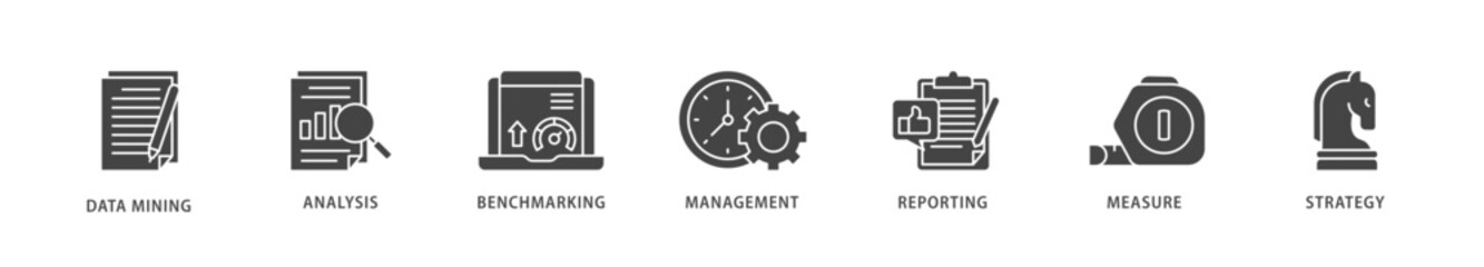 Business intelligence icons set collection illustration of data mining, analysis, benchmarking, management, reporting, measure, and strategy icon live stroke and easy to edit 