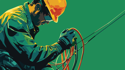 Male electrician with cables on green background close