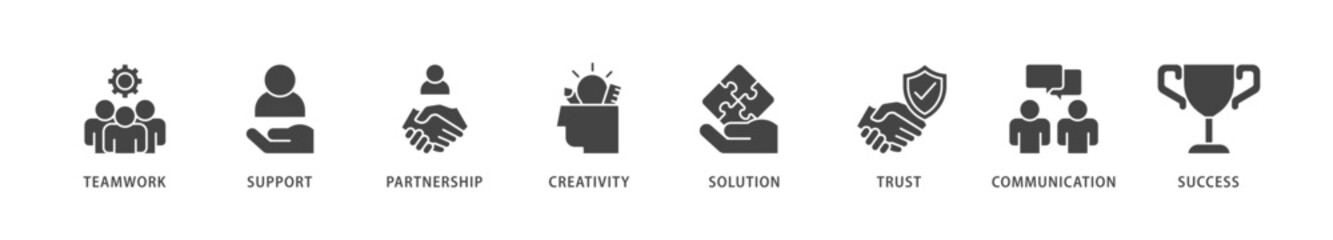 Collaboration icons set collection illustration of teamwork, support, partnership, creativity, solution, trust, communication, success icon live stroke and easy to edit 
