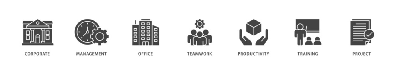 Corporate management icons set collection illustration of corporate, management, office, teamwork, productivity, training and project icon live stroke and easy to edit 