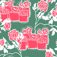 Gift box, ribbon and flowers seamless vector pattern for wrapping present with bow, party celebration, sale promotion, Textile print, fabric design, banner background. Hand drawn style illustration.