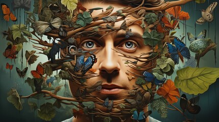 Surreal selfportrait blending human features with elements of nature creating a dreamlike visual metaphor for identity and growth perfect for art exhibitions - obrazy, fototapety, plakaty