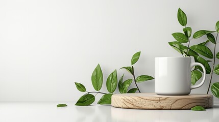 A wooden pedestal with a white setting and lush leafy green branches encompassing a white blank artistic cup lovely sun shine and space, Generative AI. - obrazy, fototapety, plakaty