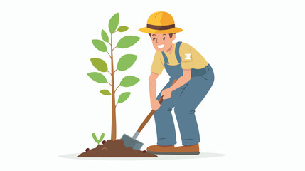 Male gardener with plant and shovel on white background