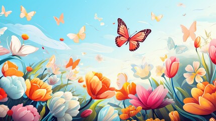 Vibrant spring illustration featuring blooming flowers and butterflies on a sunny day perfect for seasonal marketing and greeting cards - obrazy, fototapety, plakaty