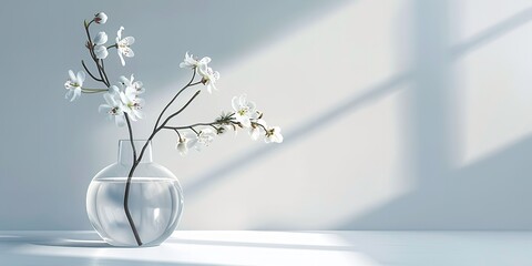 A crystalline glass vase comprising an elongated branch of white bud petals water and direct sunlight over a pale white setting and space, Generative AI.