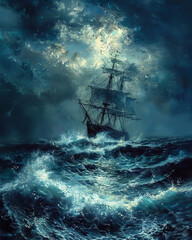 A stormy night at sea a lone ship tossed by waves symbolizing the turbulent emotions and uncertain future of starcrossed lovers