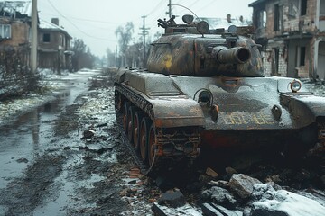 Abandoned military tank in a war-torn street