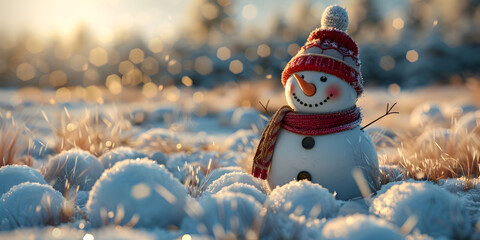 Snowman icon wearing christmas hat , 
Happy snowman in winter scenery , Cute snowman on christmas