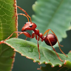 Red ant on green leaf in close-up macro shot - obrazy, fototapety, plakaty