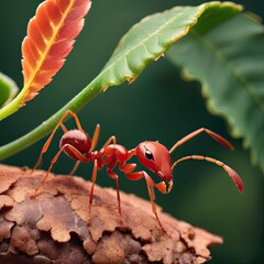 Red ant on green leaf in close-up macro shot - obrazy, fototapety, plakaty