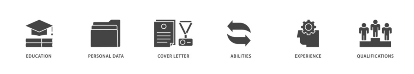 Curriculum vitae icons set collection illustration of education, personal data, cover letter, abilities, experience and qualifications icon live stroke and easy to edit 