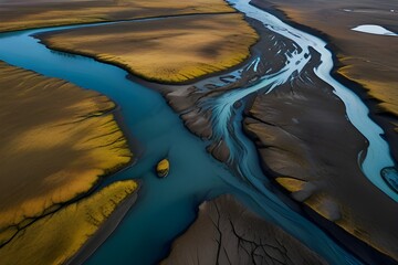 Aerial Photograph of a Glacial River Delta in Iceland with many meandering branches and veins Generative AI 