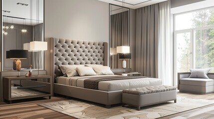A contemporary bedroom with a platform bed, tufted headboard, and mirrored nightstands.