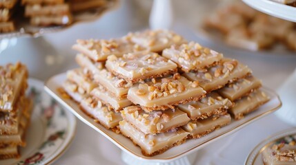 Decadent peanut brittle with chocolate or caramel dip, focus on contrasts and textures.